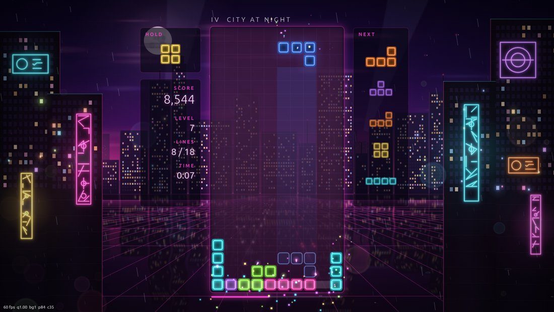 City at night: neon skyline and rain