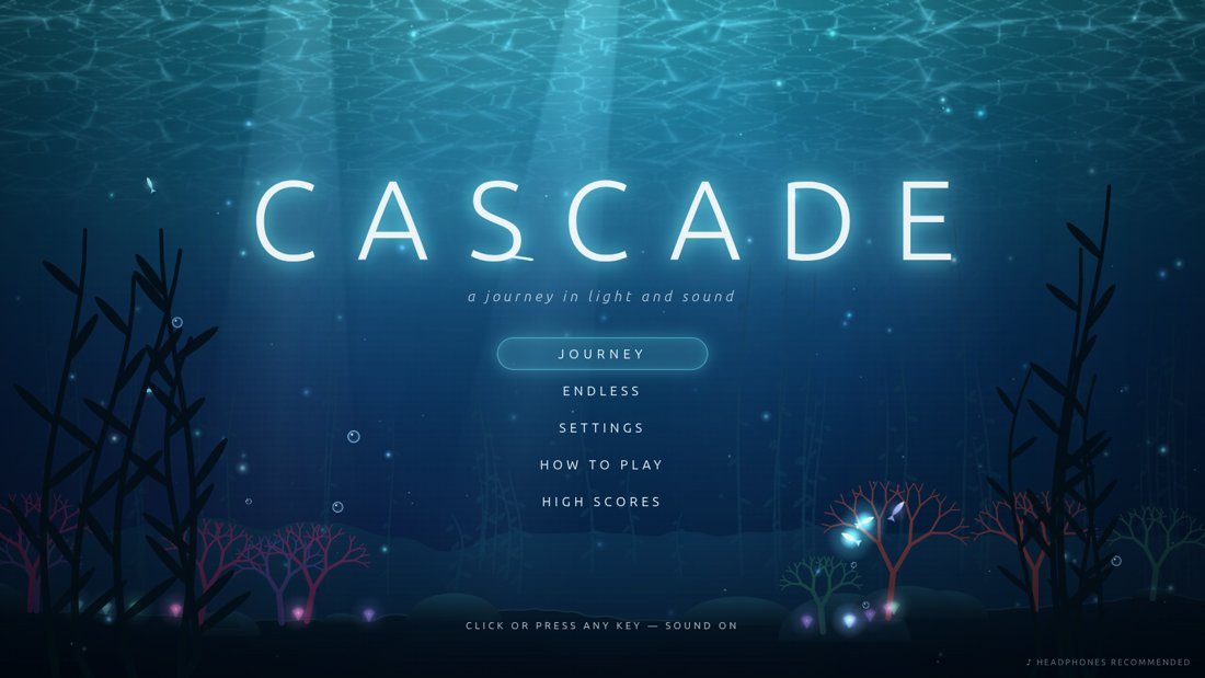 CASCADE title screen: glowing logo over an underwater scene with kelp and light shafts